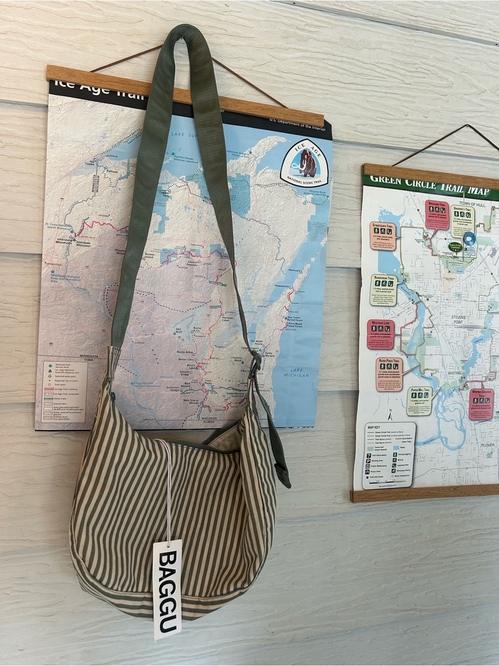 Baggu medium crescent in sage stripe